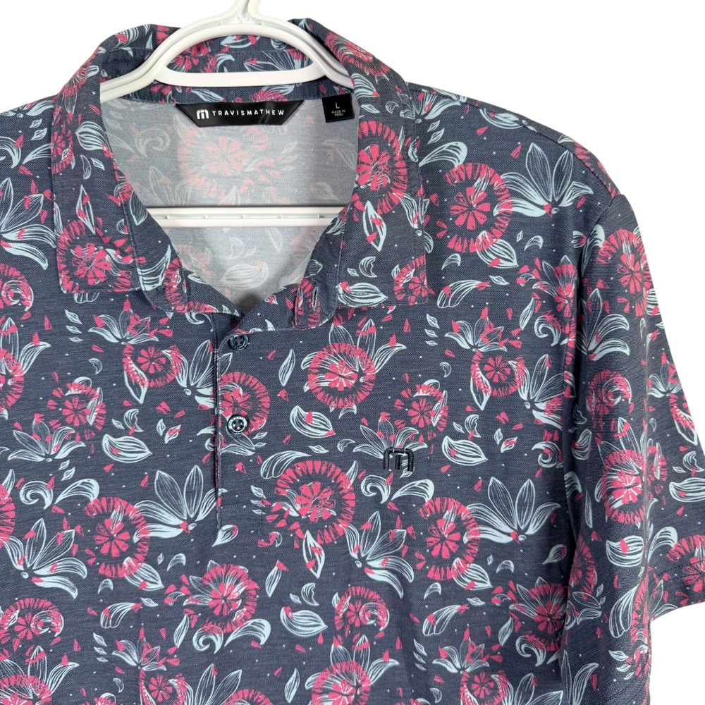 Travis Mathew Floral Golf Polo Shirt Mens L Navy Blue Short Sleeve Stretch read